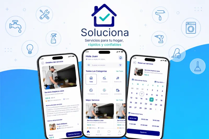 Aplicaciones móviles Soluciona App y Soluciona Pro desarrolladas con React Native para conectar clientes con profesionales de servicios a domicilio mediante un marketplace digital