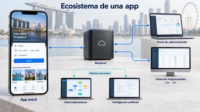 App conectada con backend, panel de administración y sistemas empresariales, con automatizaciones e inteligencia artificial como módulos opcionales