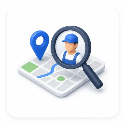 Ilustración isométrica de un mapa con geolocalización y búsqueda de profesionales para una aplicación marketplace de servicios