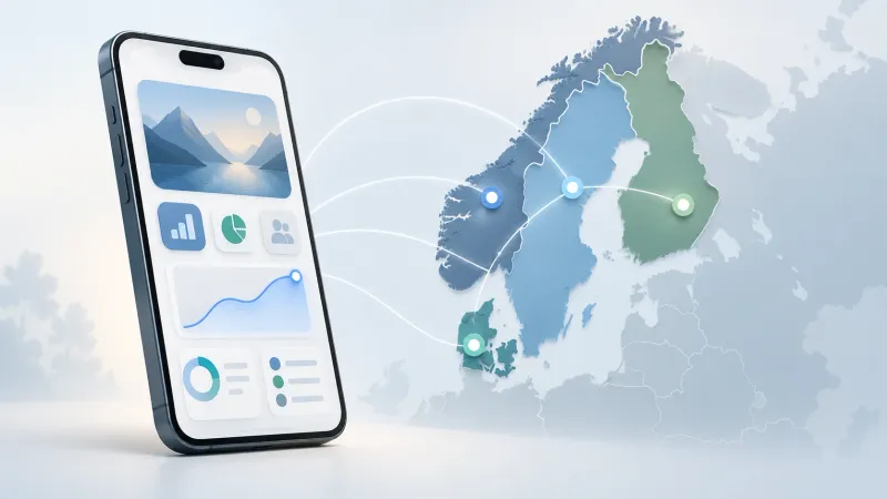 Ilustración de una aplicación móvil conectada con Suecia, Noruega, Finlandia y Dinamarca