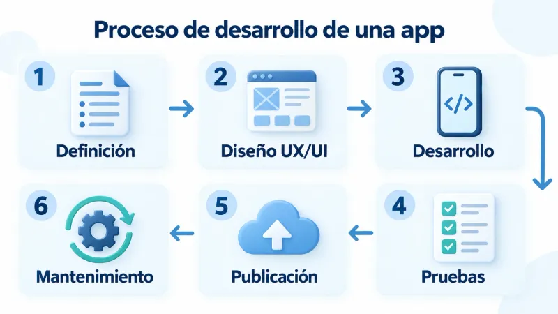 Proceso de desarrollo de una app en seis fases: definición, diseño UX/UI, desarrollo, pruebas, publicación y mantenimiento