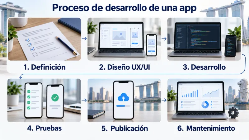 Seis fases del desarrollo de una app: definición, diseño UX/UI, desarrollo, pruebas, publicación y mantenimiento