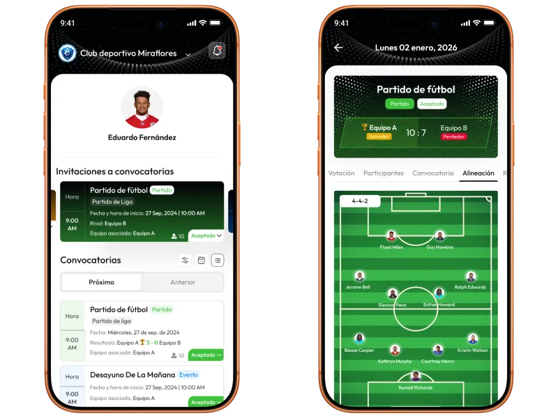 aplicaciones móviles para entrenadores y jugadores en plataforma de gestión deportiva