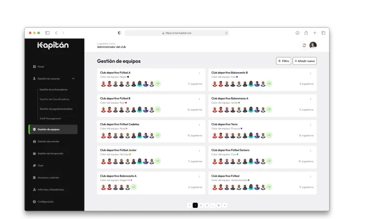 software de gestión para clubes deportivos con panel de administración Kapitan