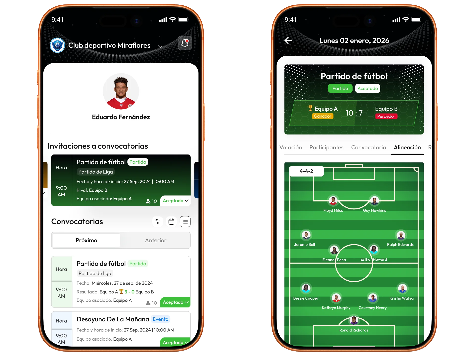 aplicaciones móviles para entrenadores y jugadores en plataforma de gestión deportiva