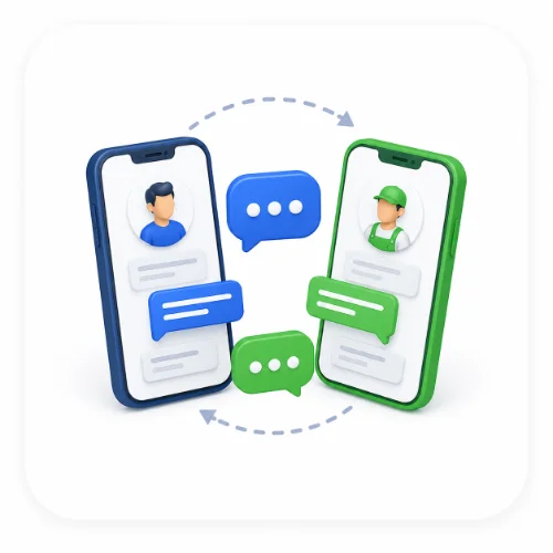 Ilustração isométrica de dois telemóveis com um sistema de chat integrado que permite a comunicação em tempo real entre clientes e prestadores de serviços no âmbito de uma aplicação de marketplace
