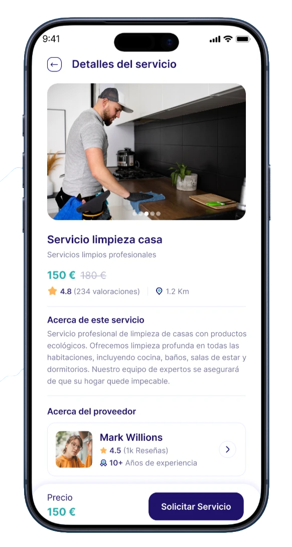 Aplicações móveis para clientes e fornecedores desenvolvidas com React Native, no âmbito de uma plataforma de serviços ao domicílio com reservas, pagamentos online, chat e painel de administração em Laravel