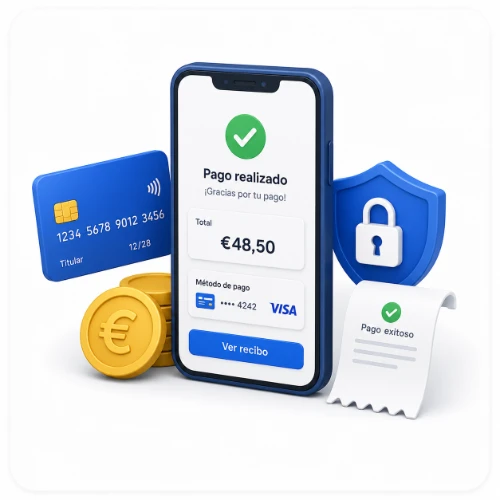 Sistema de pagamentos online integrado numa aplicação móvel com confirmação segura de pagamento, gateway de pagamento, recibos digitais e transações protegidas para um marketplace de serviços